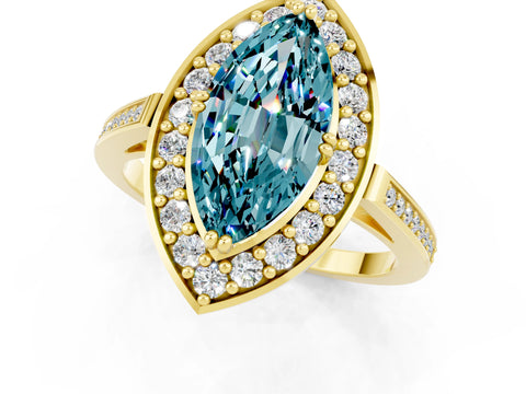Yellow gold Marquise Cut Blue Topaz Halo Ring with Split Shank and Four-Prong Setting_1