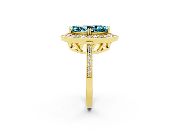 Yellow gold Marquise Cut Blue Topaz Halo Ring with Split Shank and Four-Prong Setting