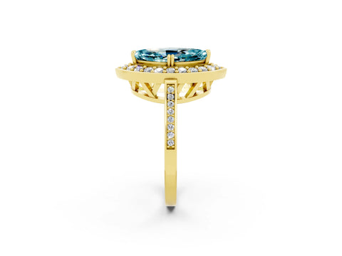 Yellow gold Marquise Cut Blue Topaz Halo Ring with Split Shank and Four-Prong Setting_2