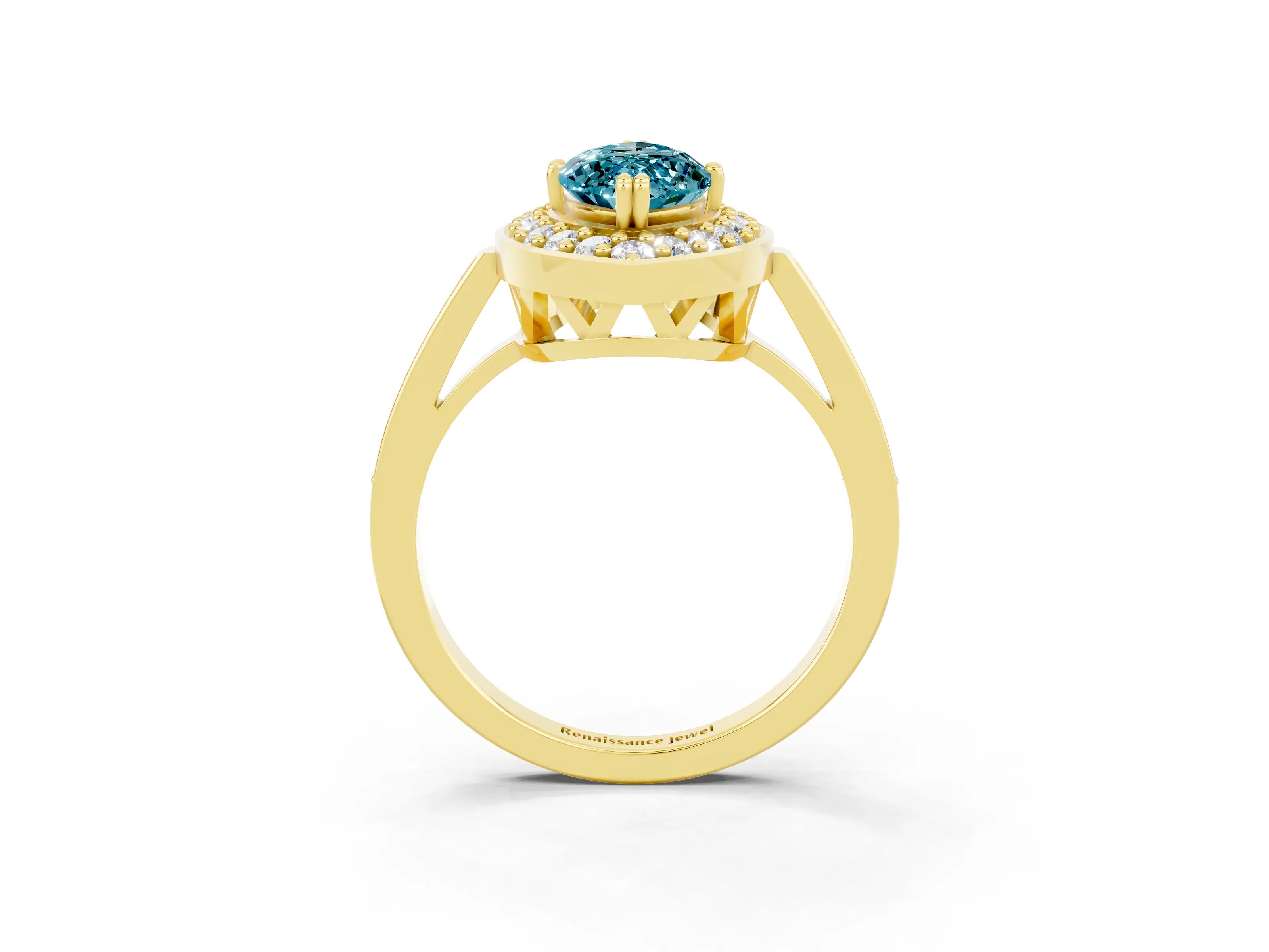 Yellow gold Marquise Cut Blue Topaz Halo Ring with Split Shank and Four-Prong Setting_3