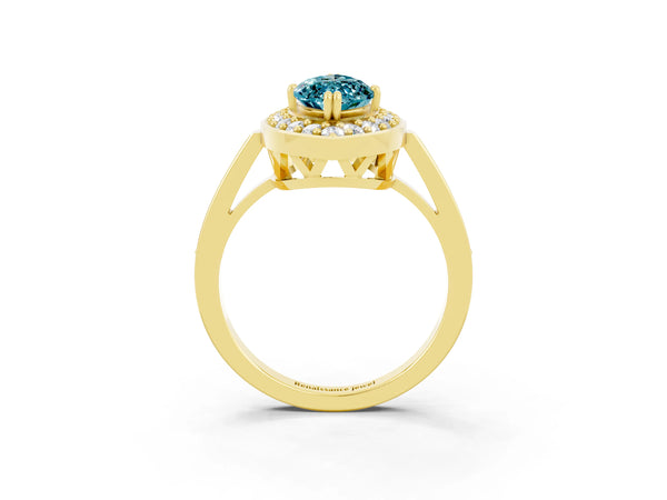 Yellow gold Marquise Cut Blue Topaz Halo Ring with Split Shank and Four-Prong Setting