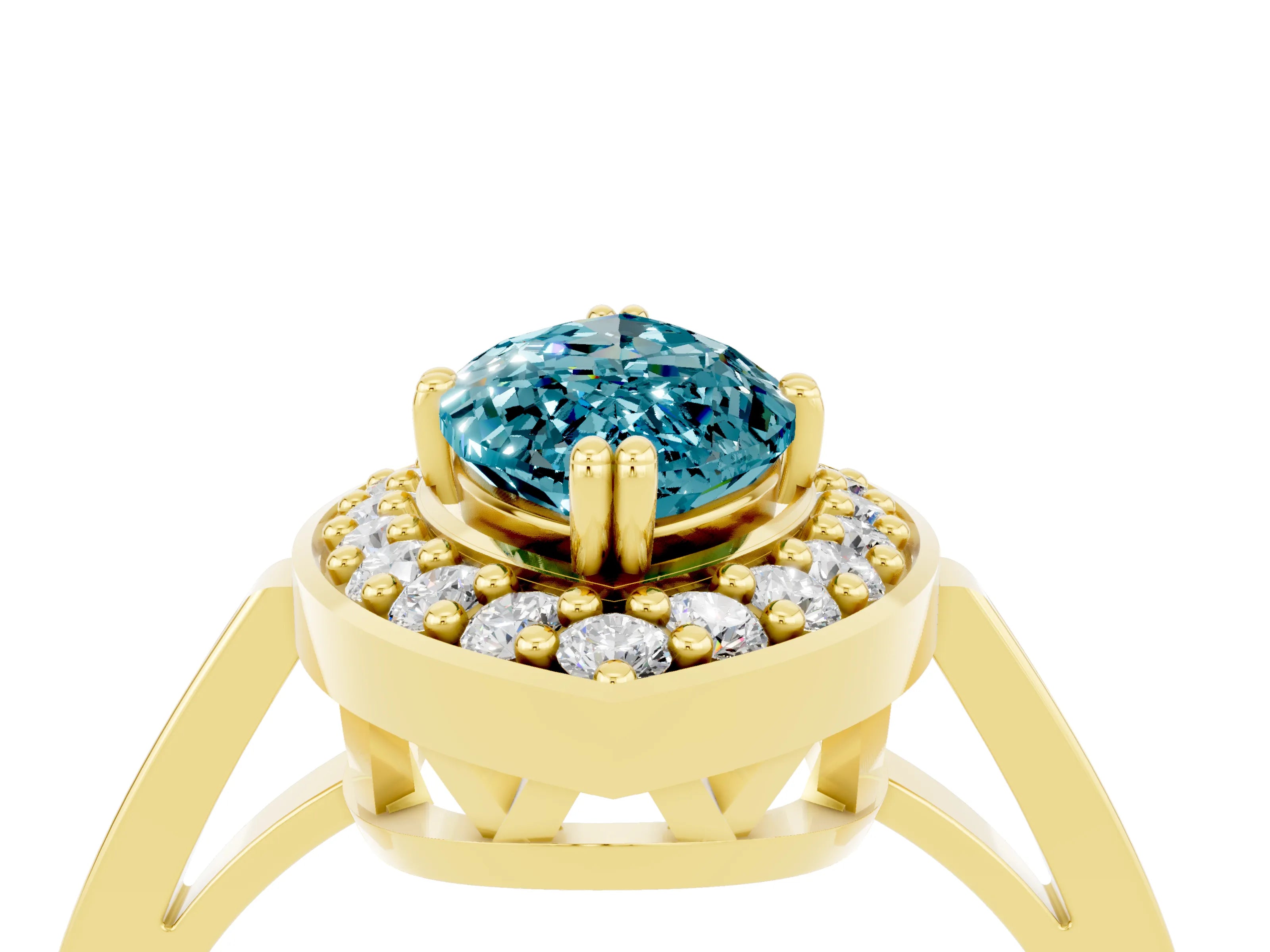 Yellow gold Marquise Cut Blue Topaz Halo Ring with Split Shank and Four-Prong Setting_4