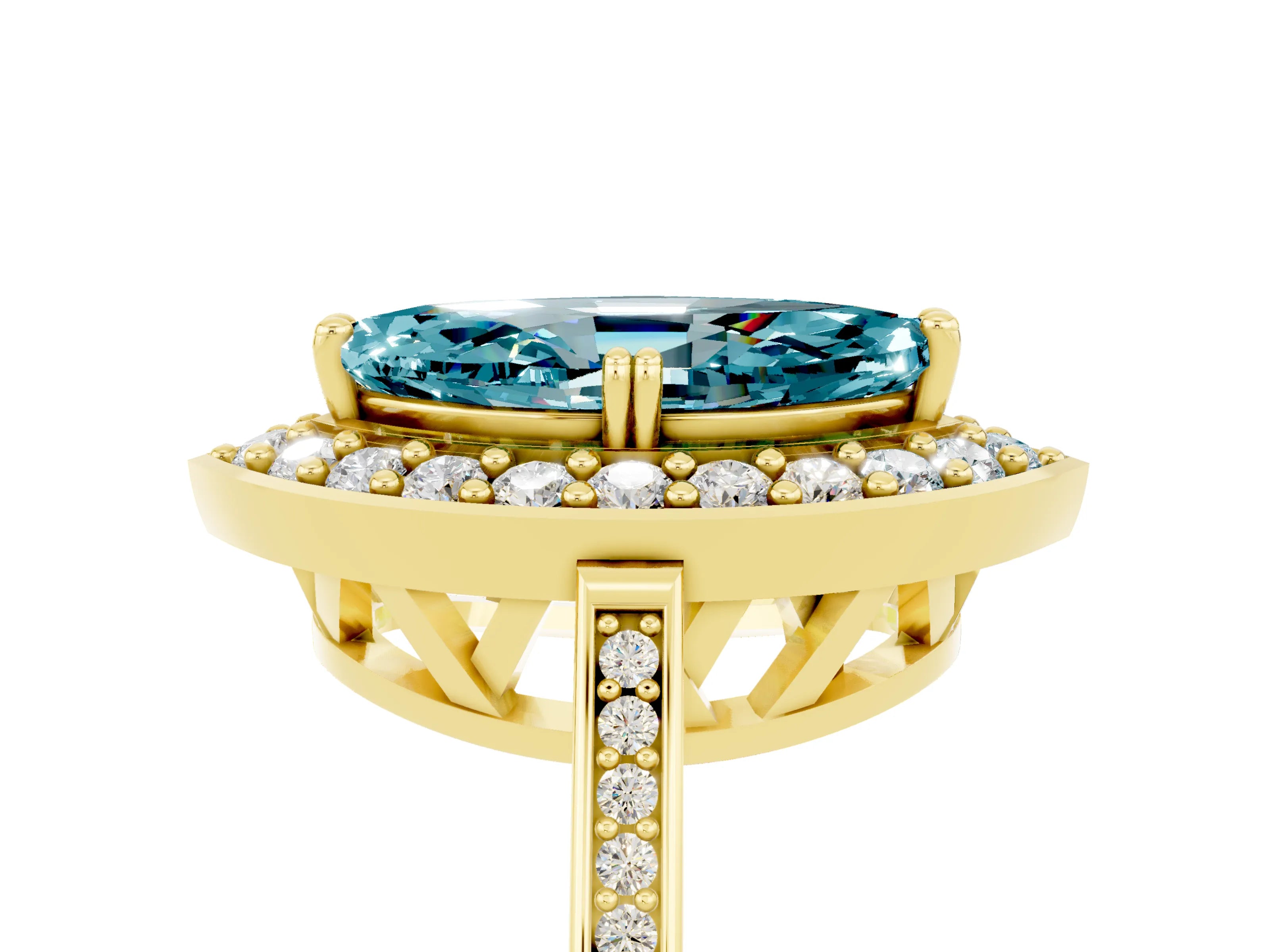 Yellow gold Marquise Cut Blue Topaz Halo Ring with Split Shank and Four-Prong Setting_5