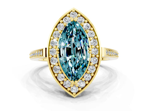 Yellow gold Marquise Cut Blue Topaz Halo Ring with Split Shank and Four-Prong Setting