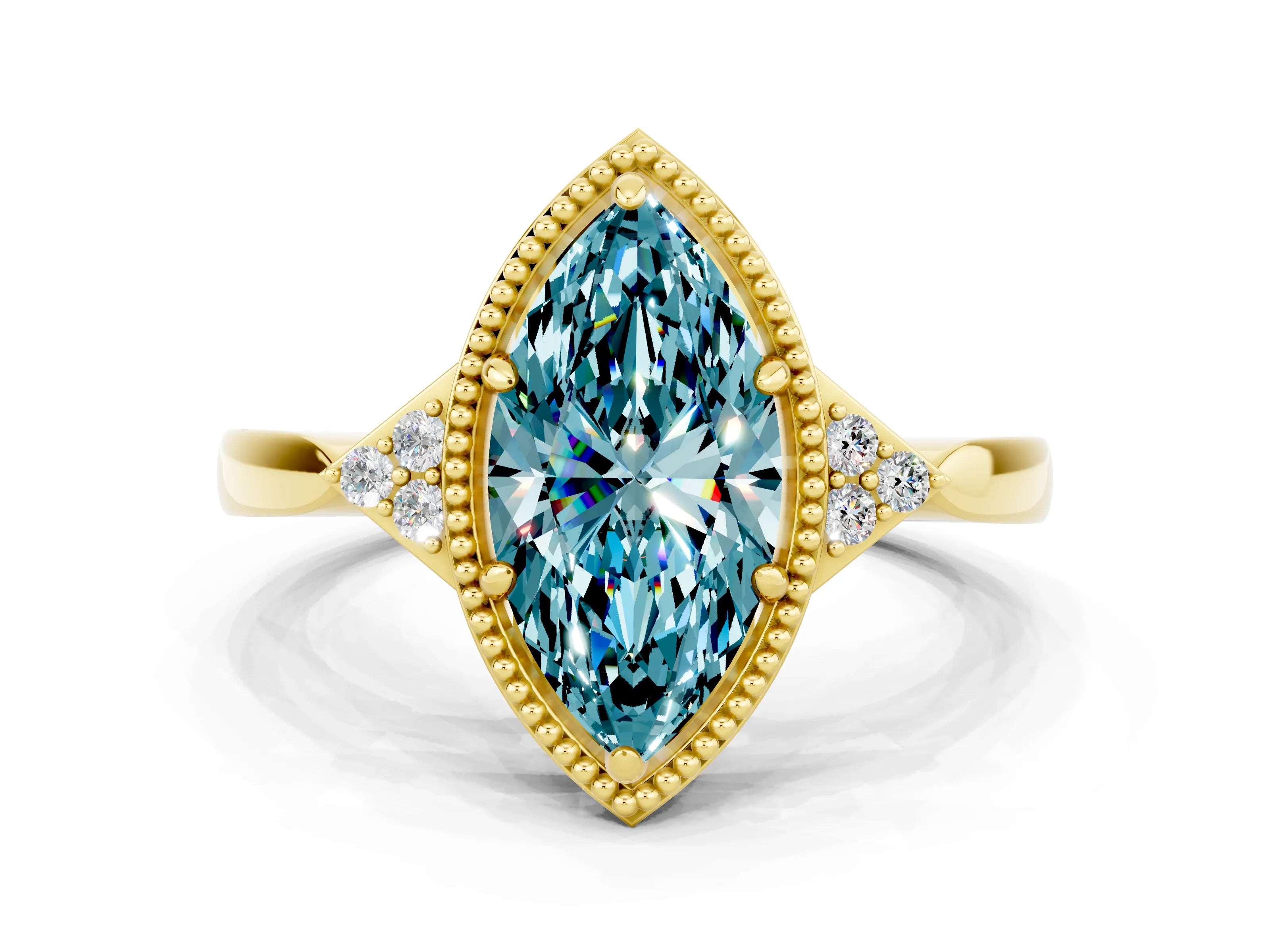 Yellow gold Marquise Cut Blue Topaz Halo Ring with Tapered Band and Four-Prong Setting