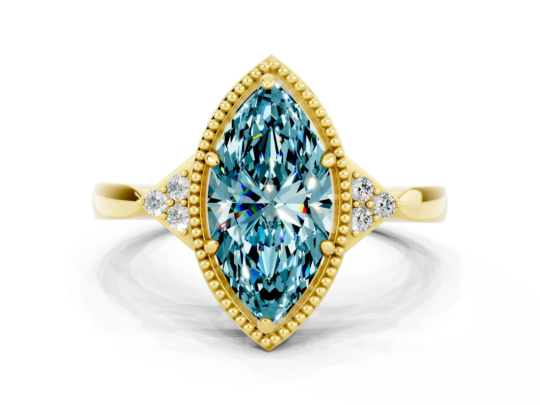 Yellow gold Marquise Cut Blue Topaz Halo Ring with Tapered Band and Four-Prong Setting