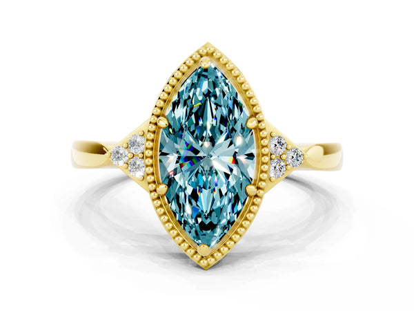 Yellow gold Marquise Cut Blue Topaz Halo Ring with Tapered Band and Four-Prong Setting