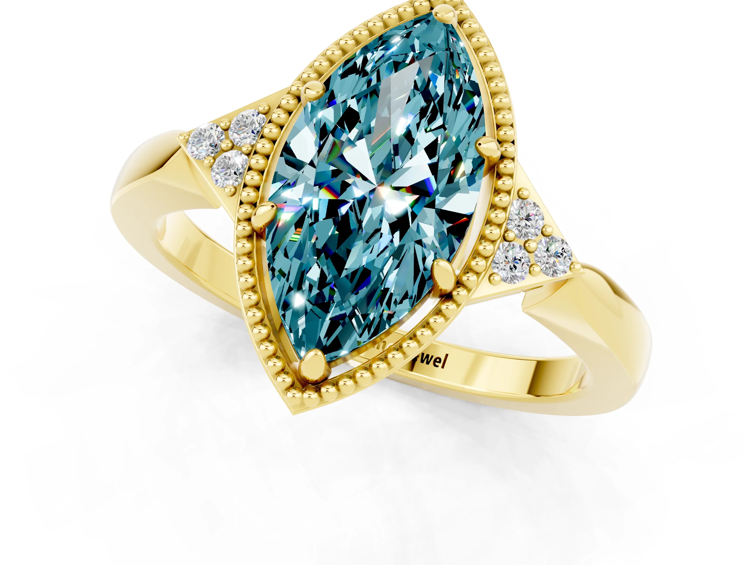 Yellow gold Marquise Cut Blue Topaz Halo Ring with Tapered Band and Four-Prong Setting_1