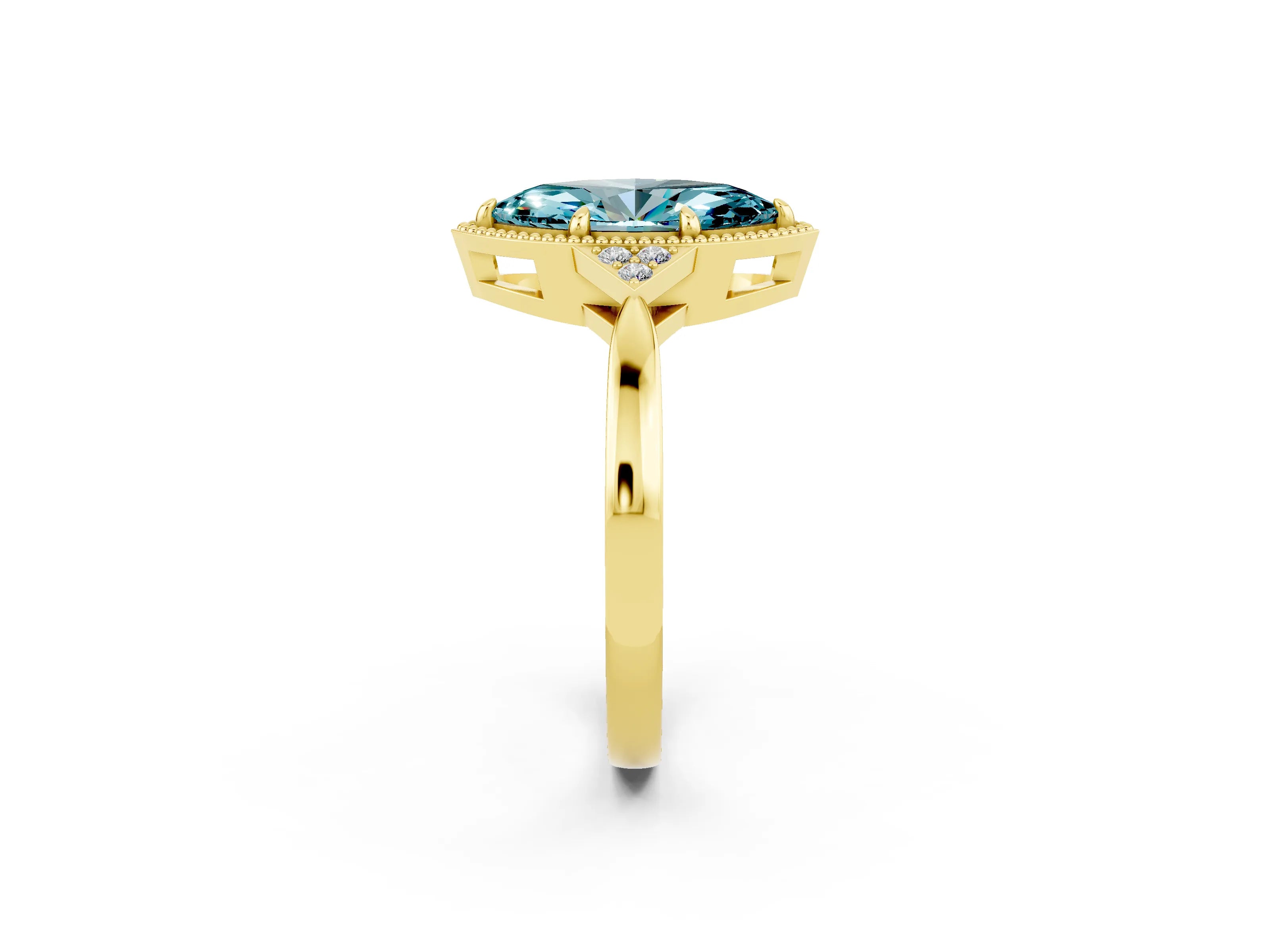 Yellow gold Marquise Cut Blue Topaz Halo Ring with Tapered Band and Four-Prong Setting_2