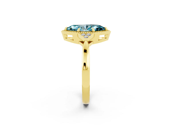 Yellow gold Marquise Cut Blue Topaz Halo Ring with Tapered Band and Four-Prong Setting