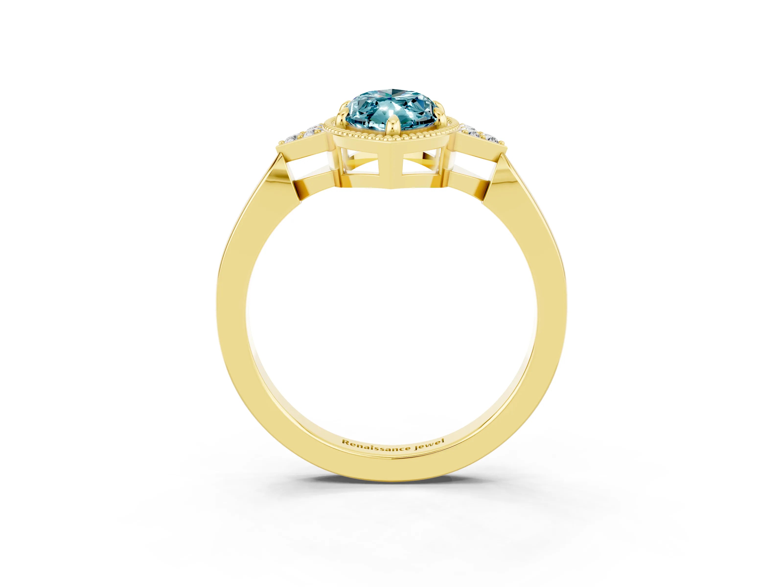 Yellow gold Marquise Cut Blue Topaz Halo Ring with Tapered Band and Four-Prong Setting_3
