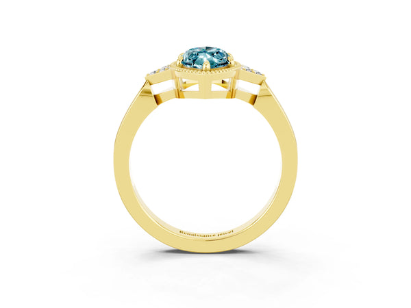 Yellow gold Marquise Cut Blue Topaz Halo Ring with Tapered Band and Four-Prong Setting