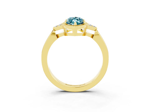 Yellow gold Marquise Cut Blue Topaz Halo Ring with Tapered Band and Four-Prong Setting_3