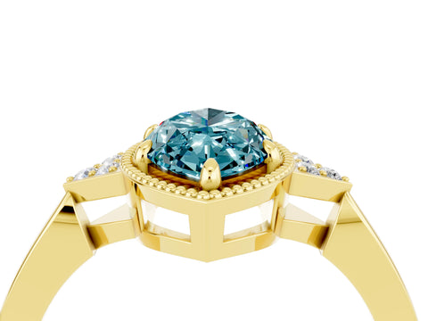 Yellow gold Marquise Cut Blue Topaz Halo Ring with Tapered Band and Four-Prong Setting_4