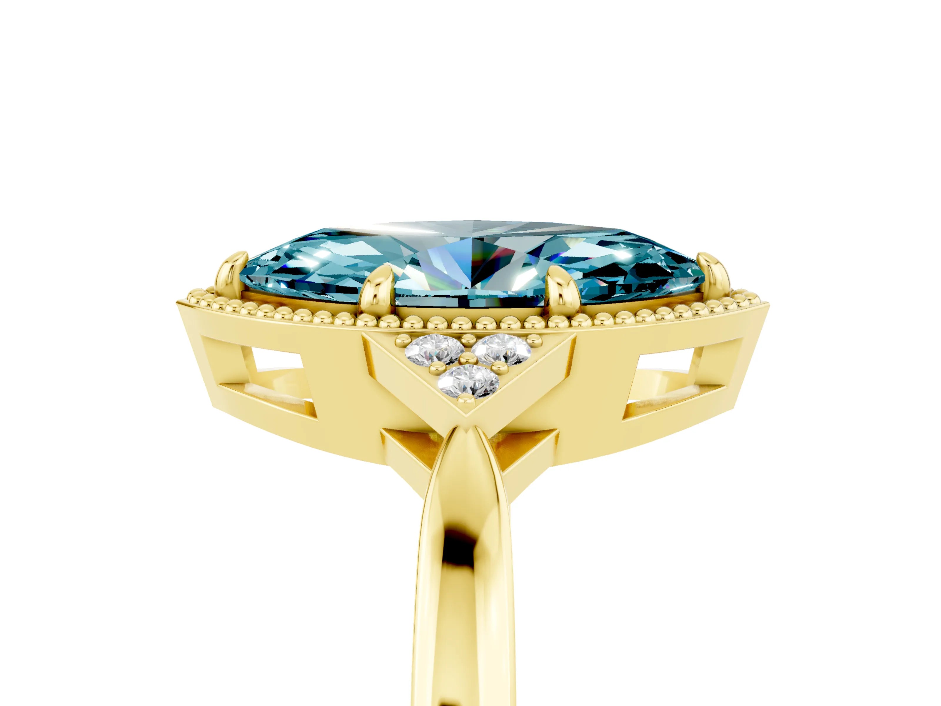 Yellow gold Marquise Cut Blue Topaz Halo Ring with Tapered Band and Four-Prong Setting_5