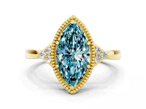 Yellow gold Marquise Cut Blue Topaz Halo Ring with Tapered Band and Four-Prong Setting