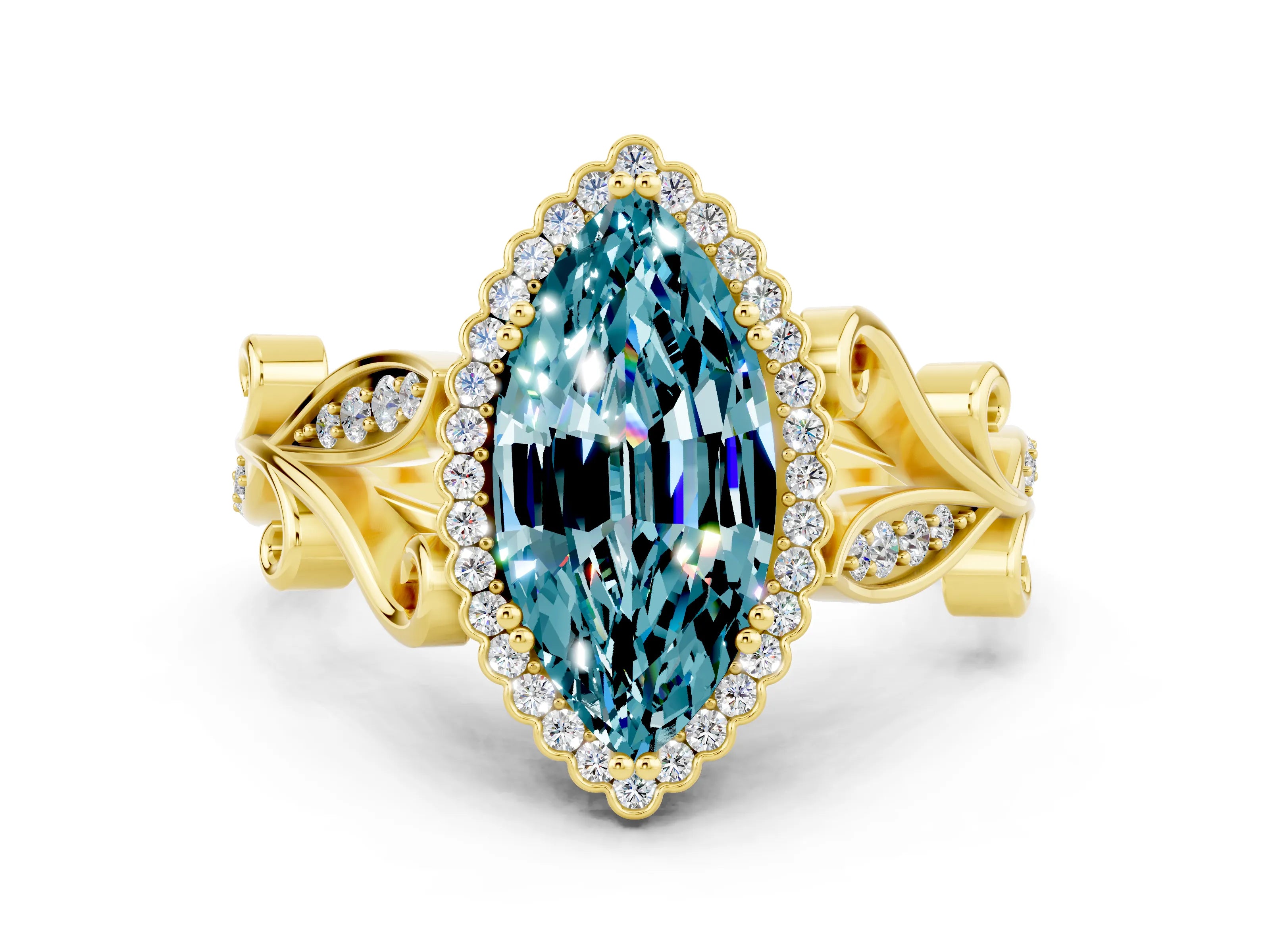 Yellow gold Marquise Cut Blue Topaz Halo Ring with Vintage Split Shank and Four-Prong Setting