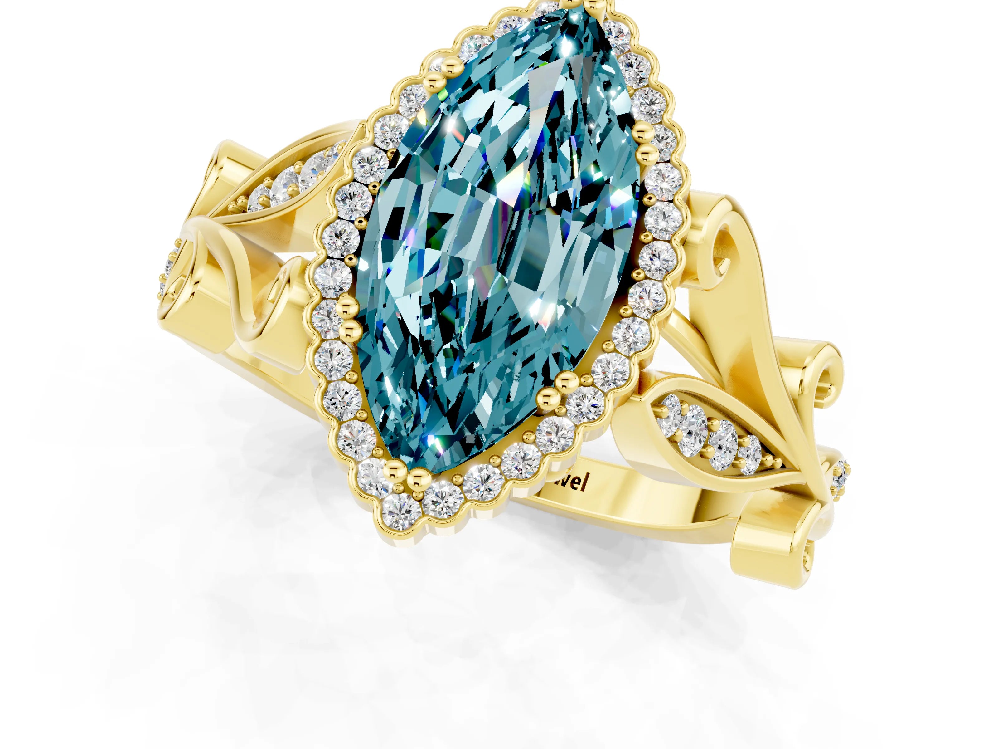 Yellow gold Marquise Cut Blue Topaz Halo Ring with Vintage Split Shank and Four-Prong Setting_1