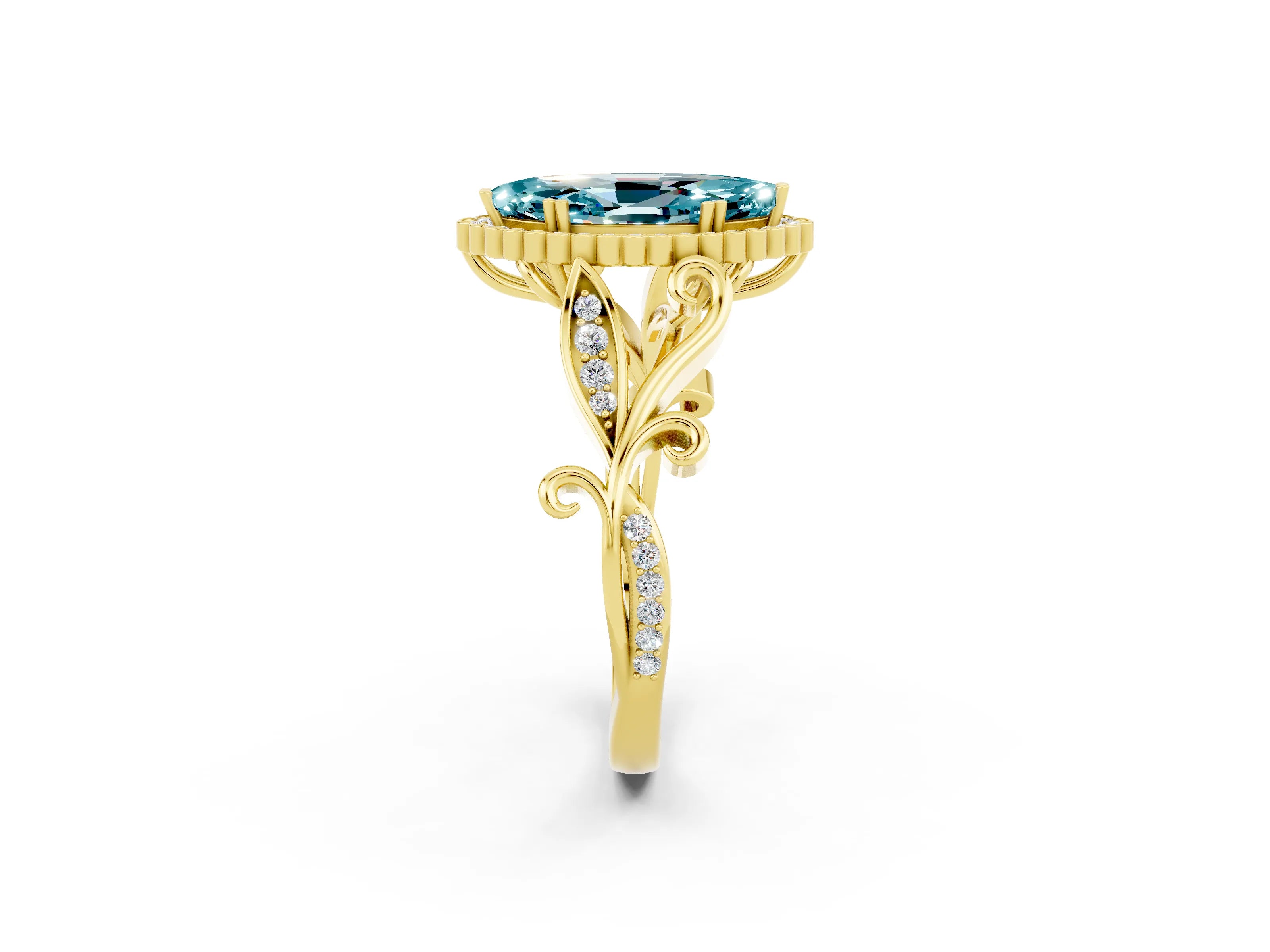 Yellow gold Marquise Cut Blue Topaz Halo Ring with Vintage Split Shank and Four-Prong Setting_2