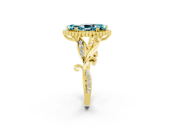 Yellow gold Marquise Cut Blue Topaz Halo Ring with Vintage Split Shank and Four-Prong Setting