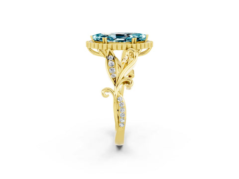 Yellow gold Marquise Cut Blue Topaz Halo Ring with Vintage Split Shank and Four-Prong Setting_2