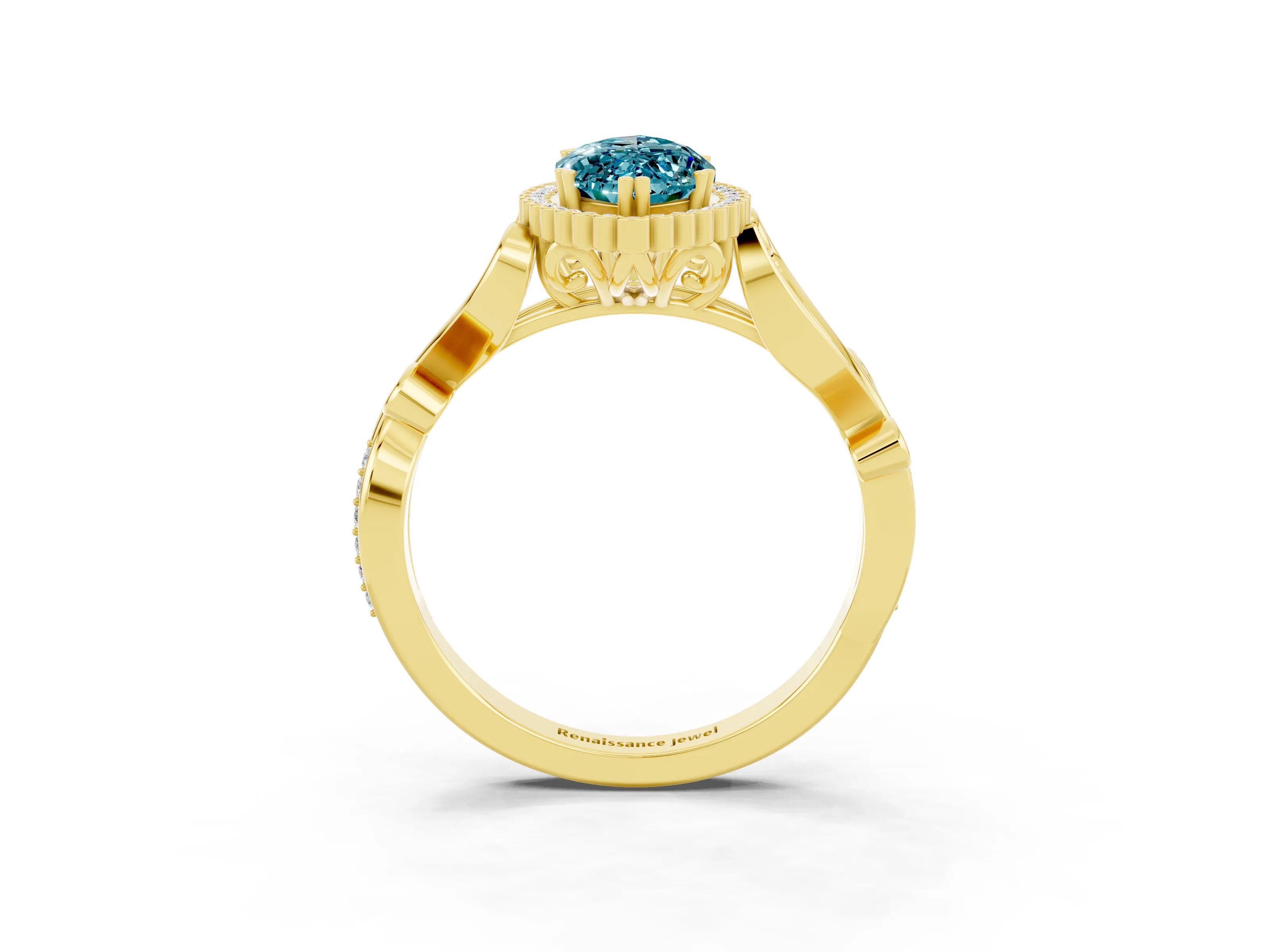 Yellow gold Marquise Cut Blue Topaz Halo Ring with Vintage Split Shank and Four-Prong Setting_3