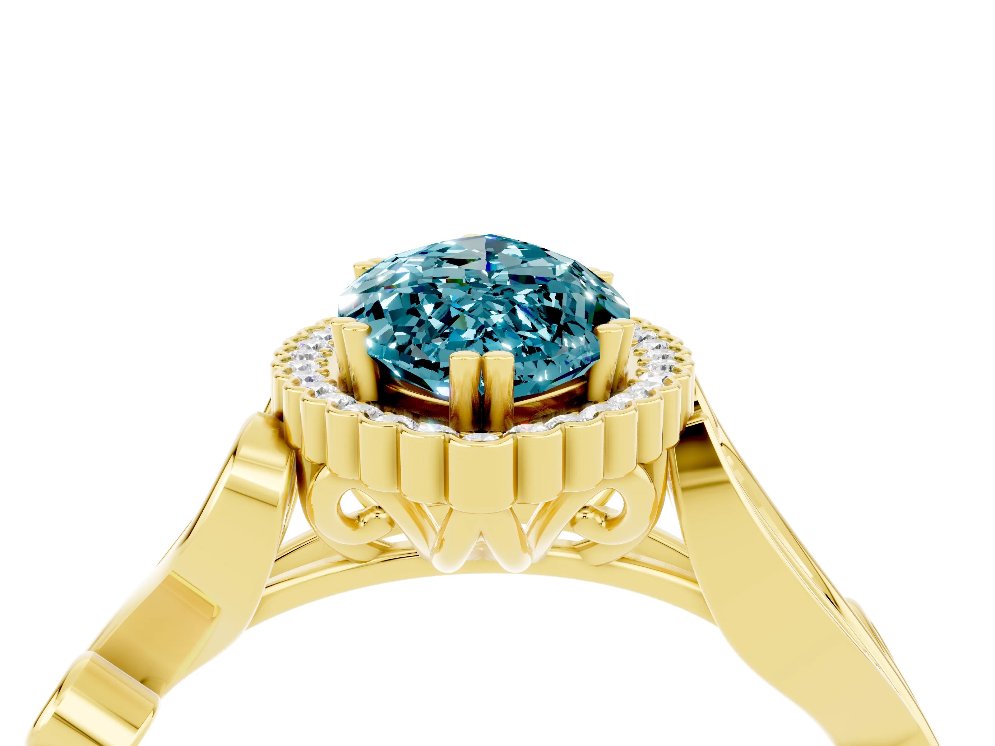 Yellow gold Marquise Cut Blue Topaz Halo Ring with Vintage Split Shank and Four-Prong Setting_4