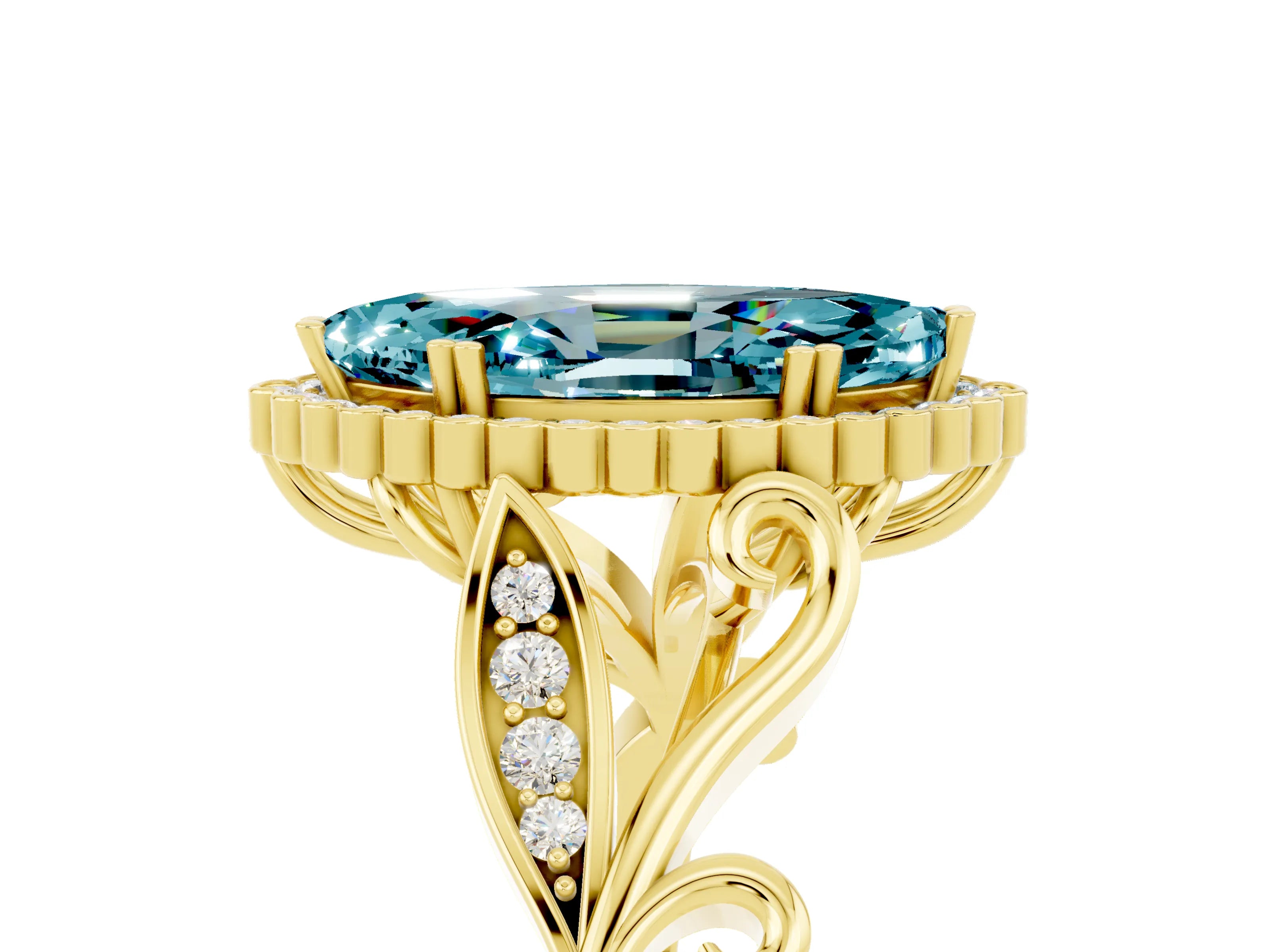 Yellow gold Marquise Cut Blue Topaz Halo Ring with Vintage Split Shank and Four-Prong Setting_5