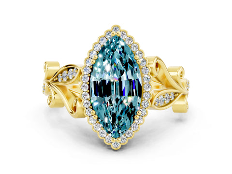 Yellow gold Marquise Cut Blue Topaz Halo Ring with Vintage Split Shank and Four-Prong Setting
