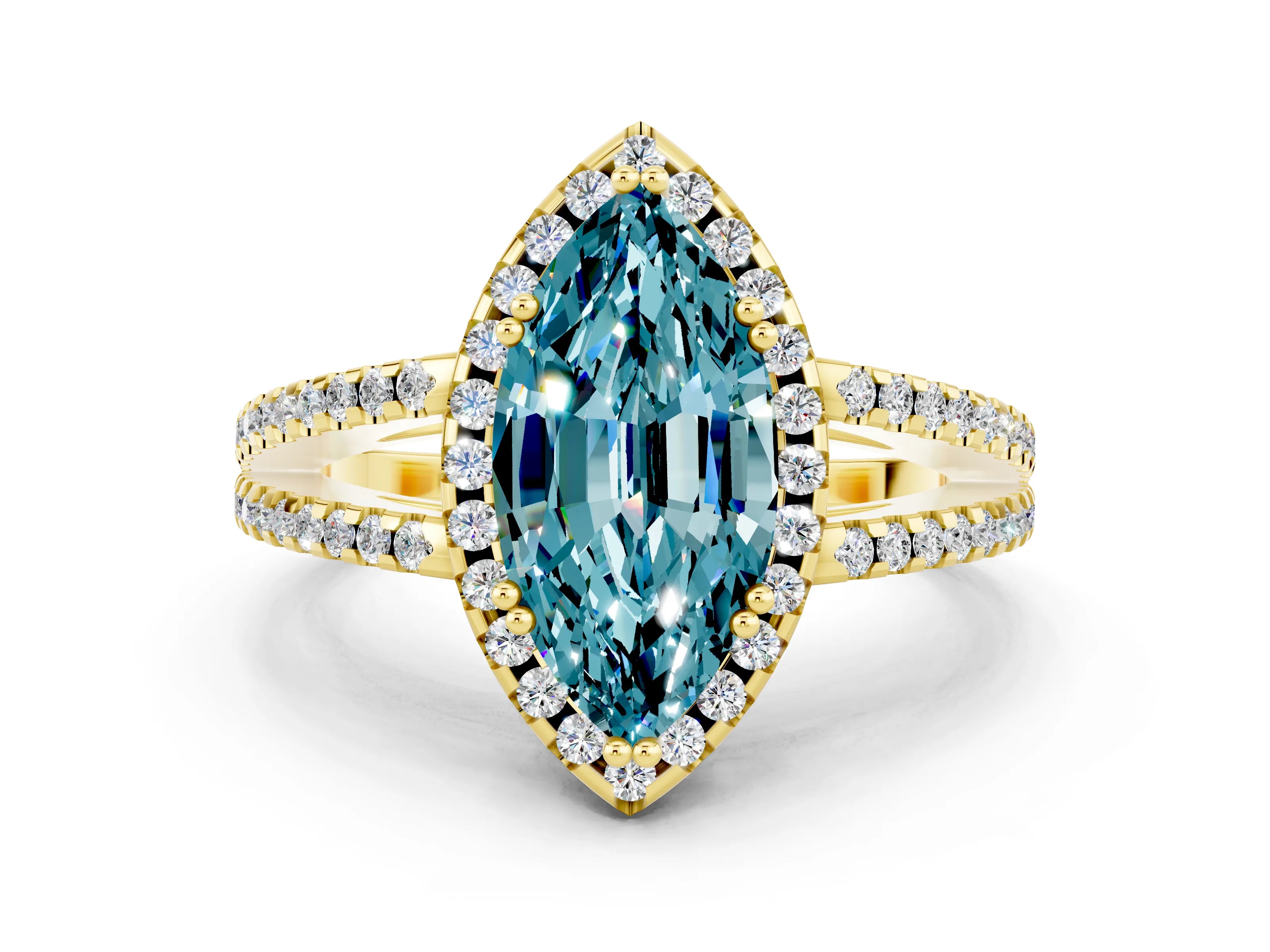Yellow gold Marquise Cut Blue Topaz Halo Split Shank Engagement Ring_12