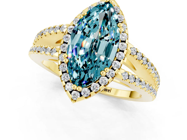 Yellow gold Marquise Cut Blue Topaz Halo Split Shank Engagement Ring
