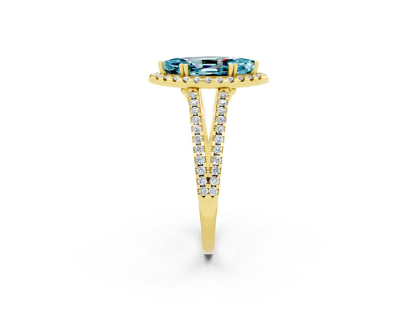 Yellow gold Marquise Cut Blue Topaz Halo Split Shank Engagement Ring