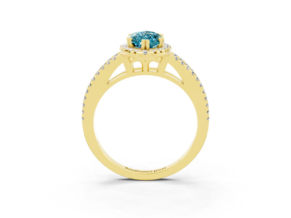 Yellow gold Marquise Cut Blue Topaz Halo Split Shank Engagement Ring