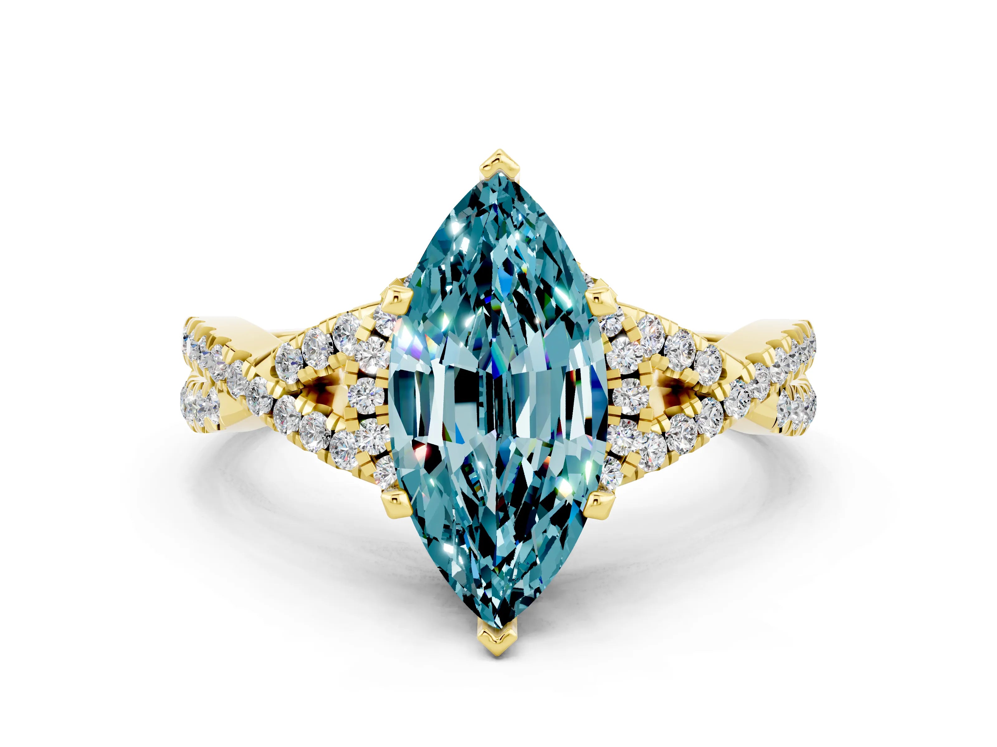 Yellow gold Marquise Cut Blue Topaz Halo Twist Band Solitaire Prong Setting Ring
