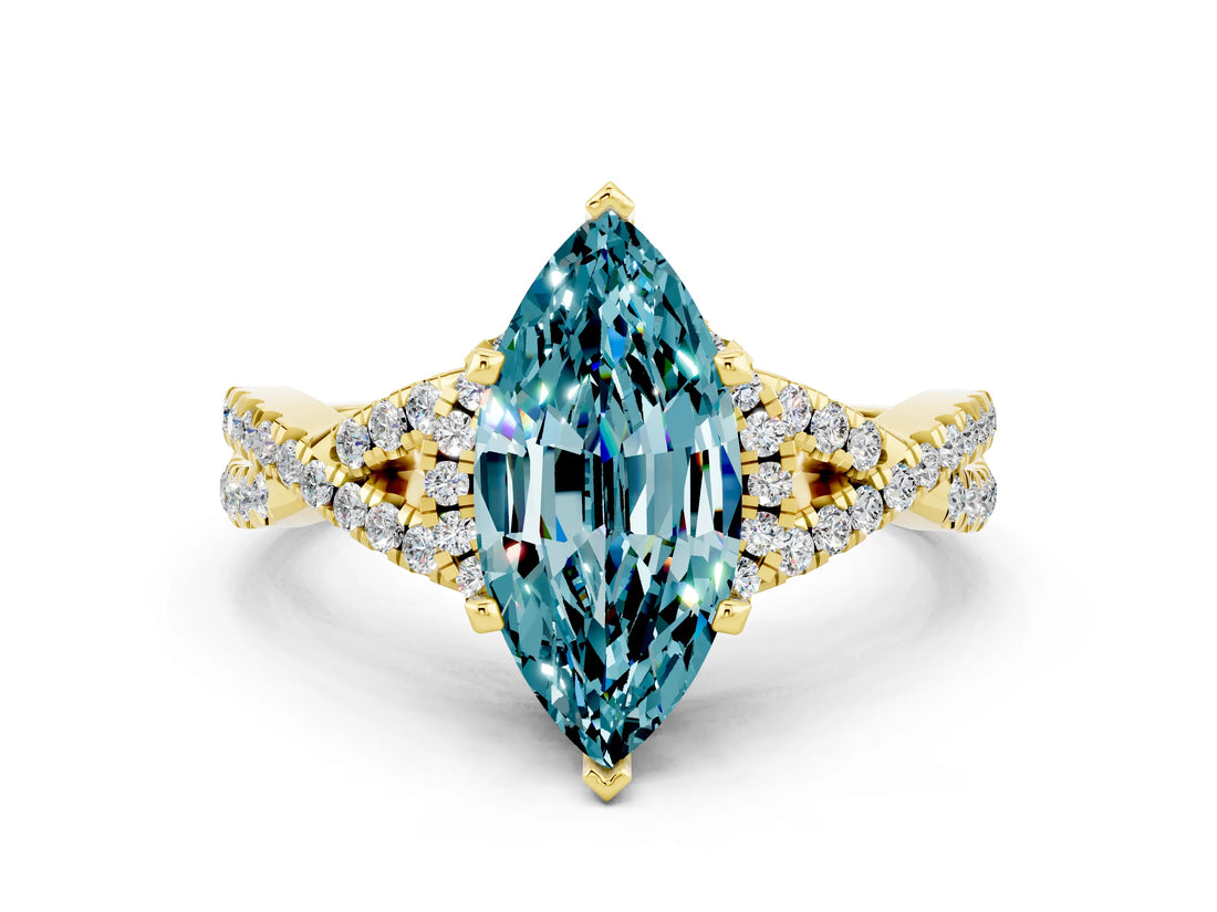 Yellow gold Marquise Cut Blue Topaz Halo Twist Band Solitaire Prong Setting Ring