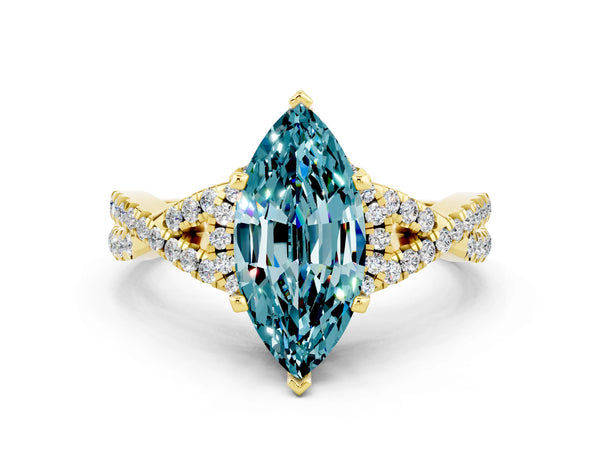 Yellow gold Marquise Cut Blue Topaz  Halo Twist Band Solitaire Prong Setting Ring