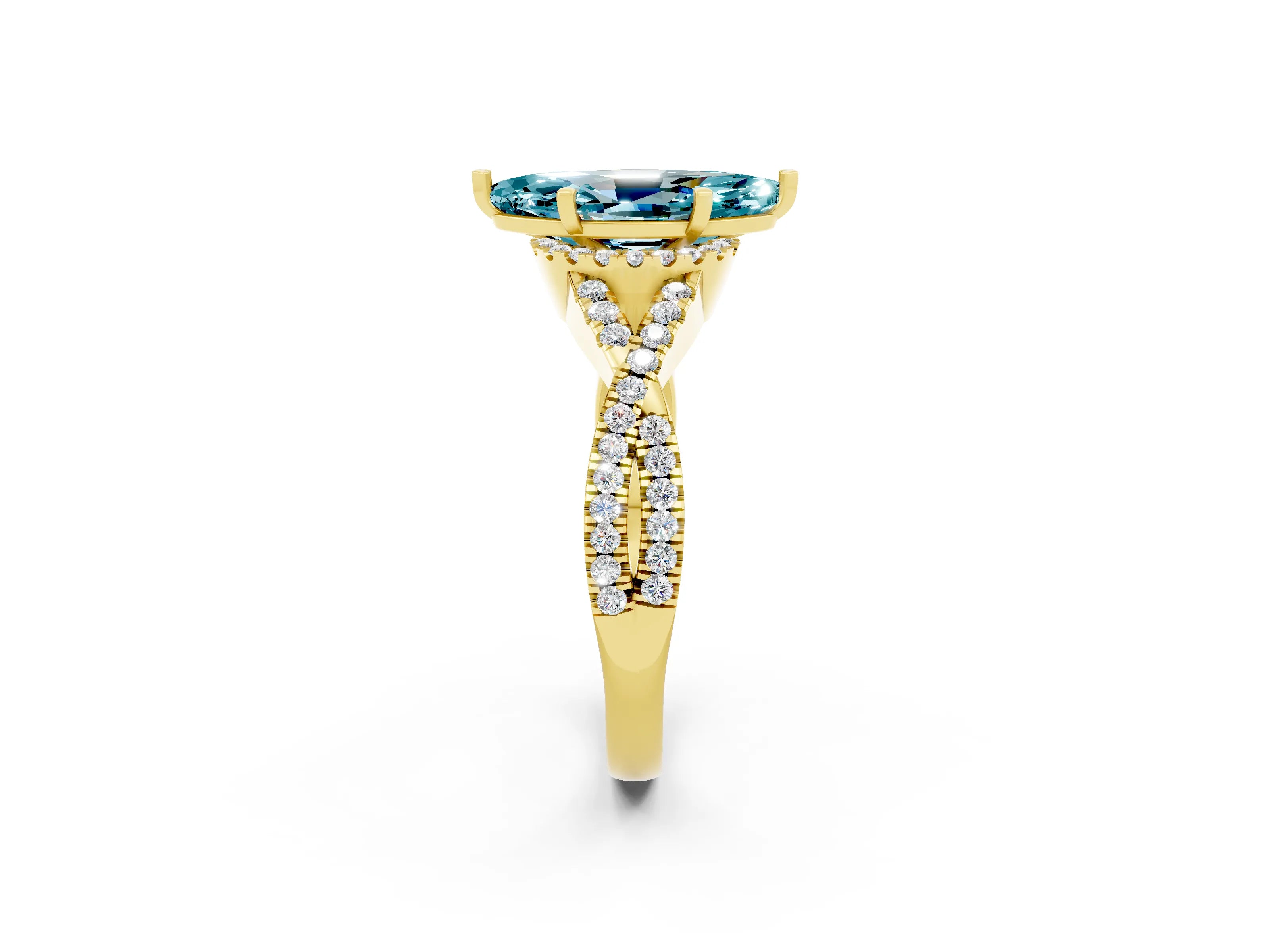 Yellow gold Marquise Cut Blue Topaz Halo Twist Band Solitaire Prong Setting Ring_2