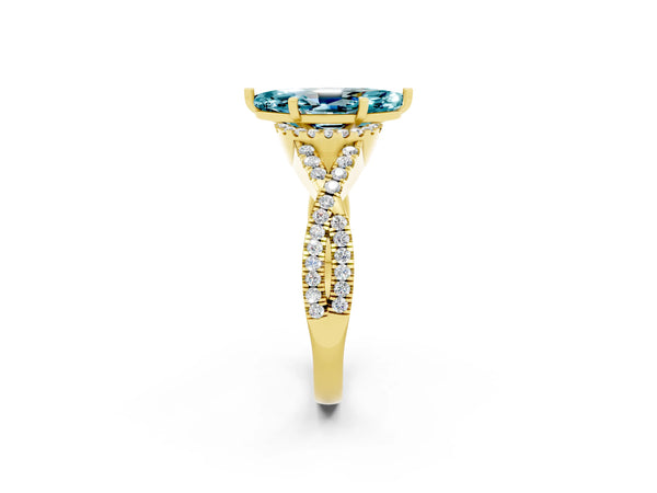 Yellow gold Marquise Cut Blue Topaz  Halo Twist Band Solitaire Prong Setting Ring