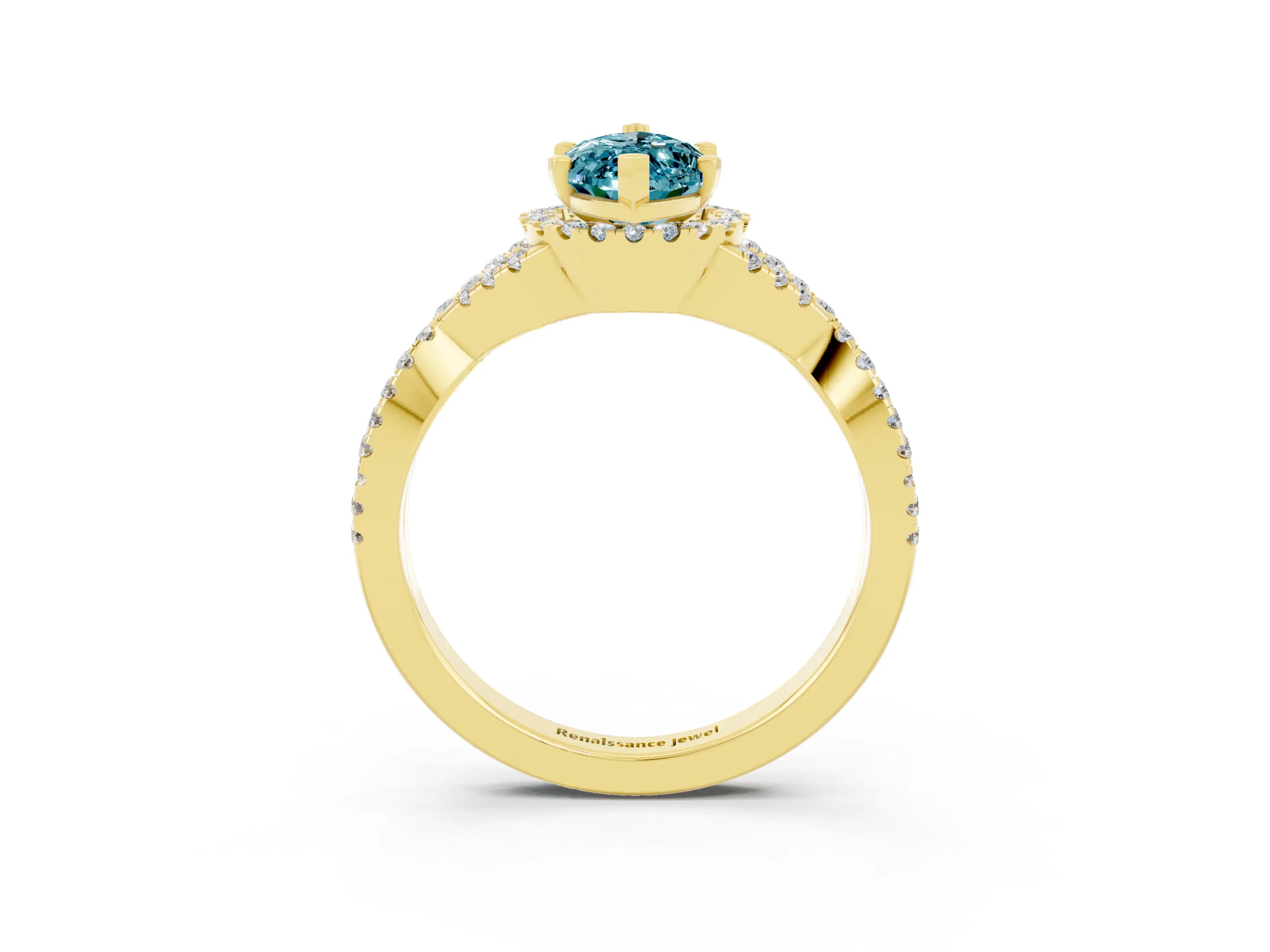 Yellow gold Marquise Cut Blue Topaz Halo Twist Band Solitaire Prong Setting Ring_3