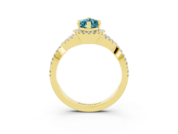 Yellow gold Marquise Cut Blue Topaz  Halo Twist Band Solitaire Prong Setting Ring