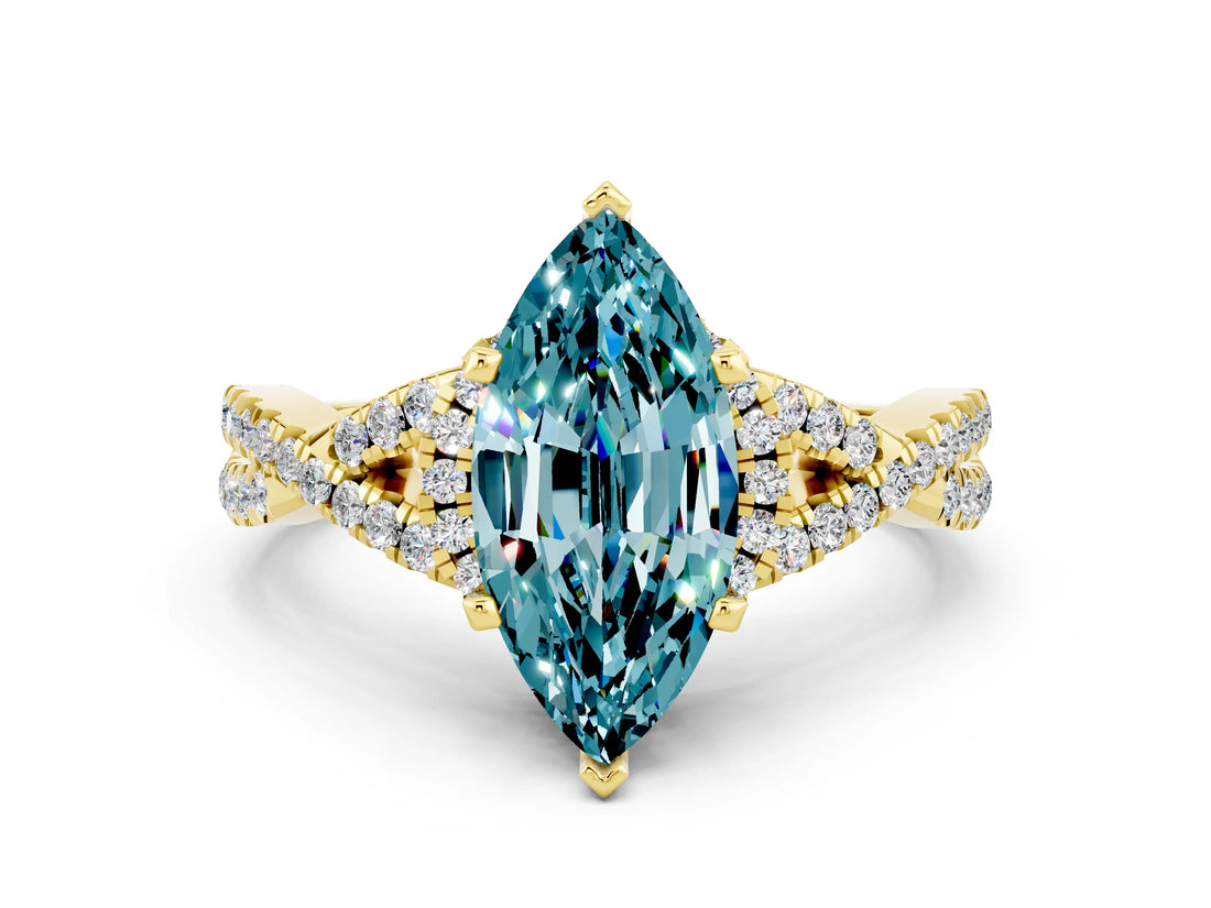 Yellow gold Marquise Cut Blue Topaz  Halo Twist Band Solitaire Prong Setting Ring_42