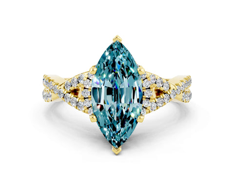 Yellow gold Marquise Cut Blue Topaz Halo Twist Band Solitaire Prong Setting Ring