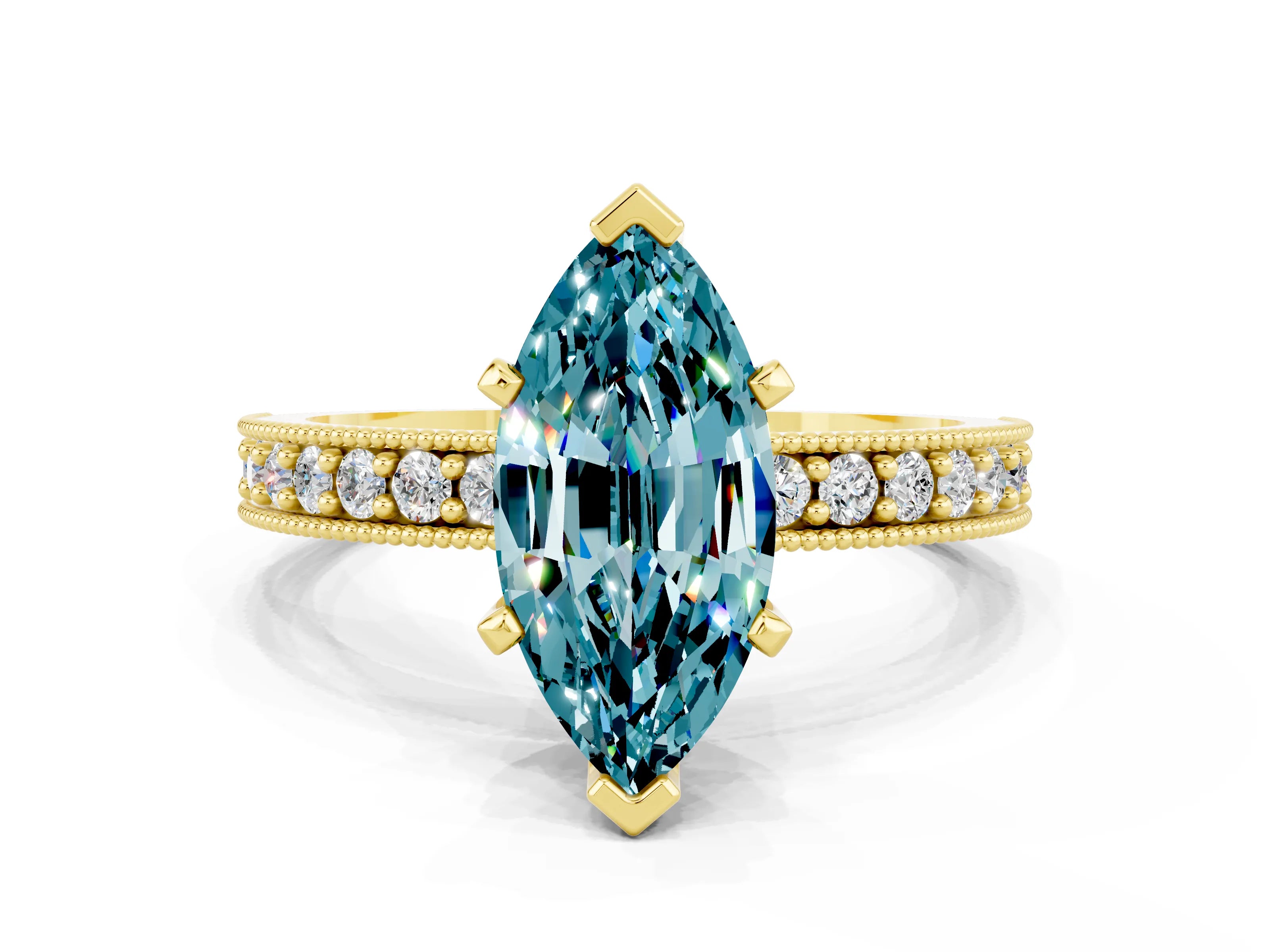 Yellow gold Marquise Cut Blue Topaz Milgrain Pavé Engagement Ring with Four-Prong Setting