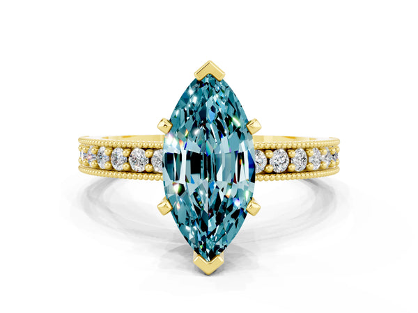 Yellow gold Marquise Cut Blue Topaz Milgrain Pavé Engagement Ring with Four-Prong Setting