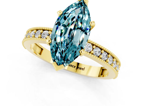 Yellow gold Marquise Cut Blue Topaz Milgrain Pavé Engagement Ring with Four-Prong Setting_1