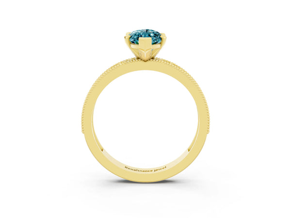 Yellow gold Marquise Cut Blue Topaz Milgrain Pavé Engagement Ring with Four-Prong Setting
