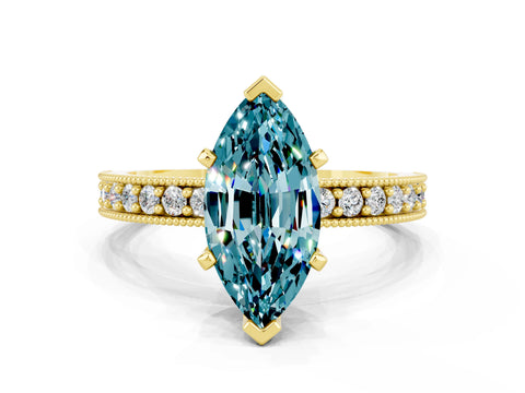 Yellow gold Marquise Cut Blue Topaz Milgrain Pavé Engagement Ring with Four-Prong Setting