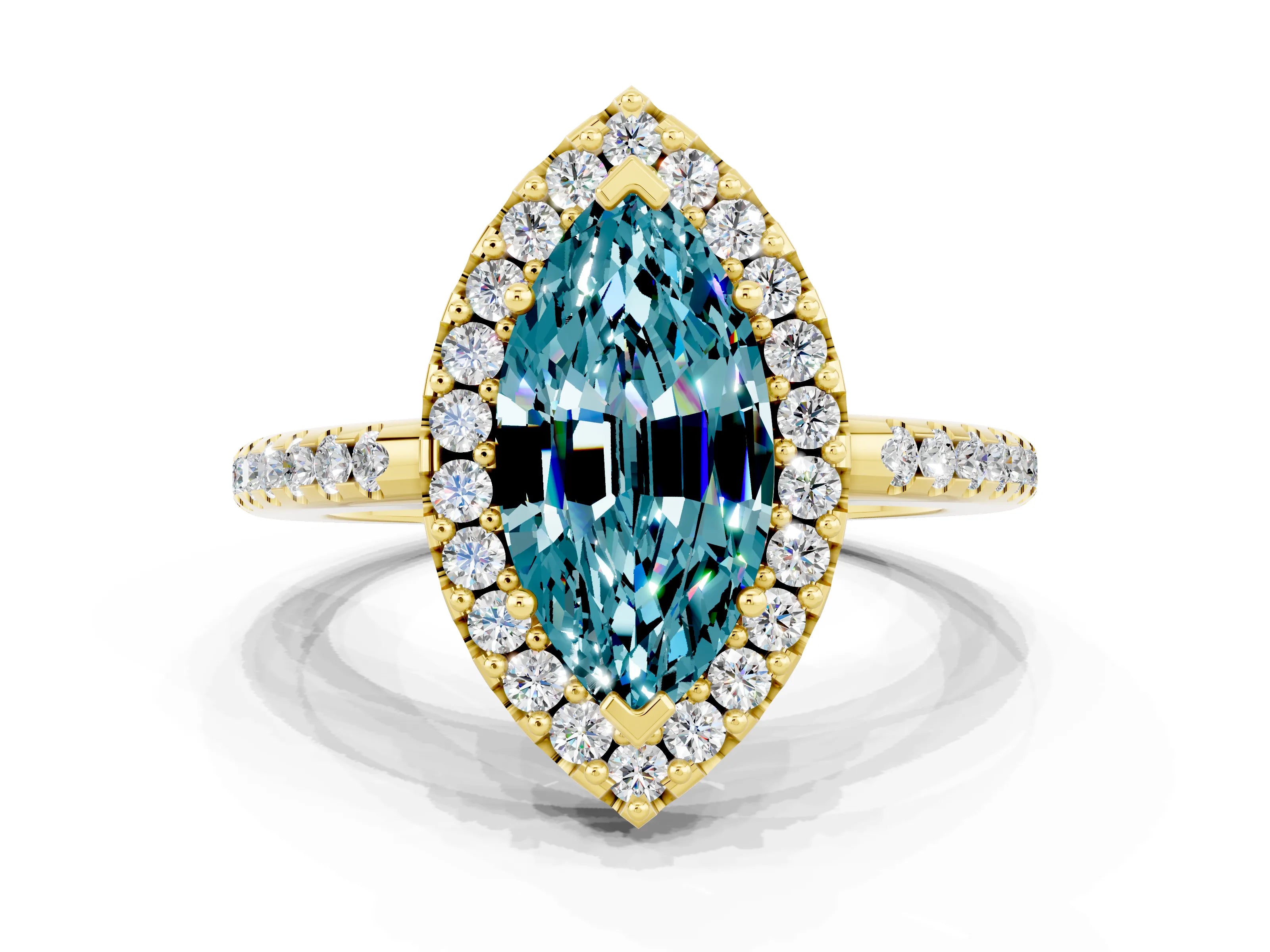 Yellow gold Marquise Cut Blue Topaz Pavé Halo Ring with Four-Prong Setting_12