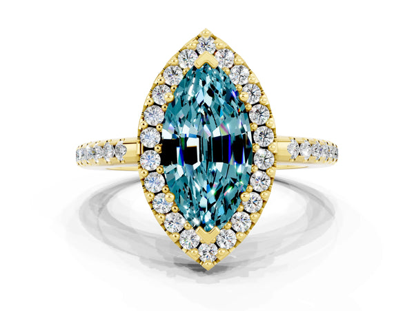 Yellow gold Marquise Cut Blue Topaz Pavé Halo Ring with Four-Prong Setting