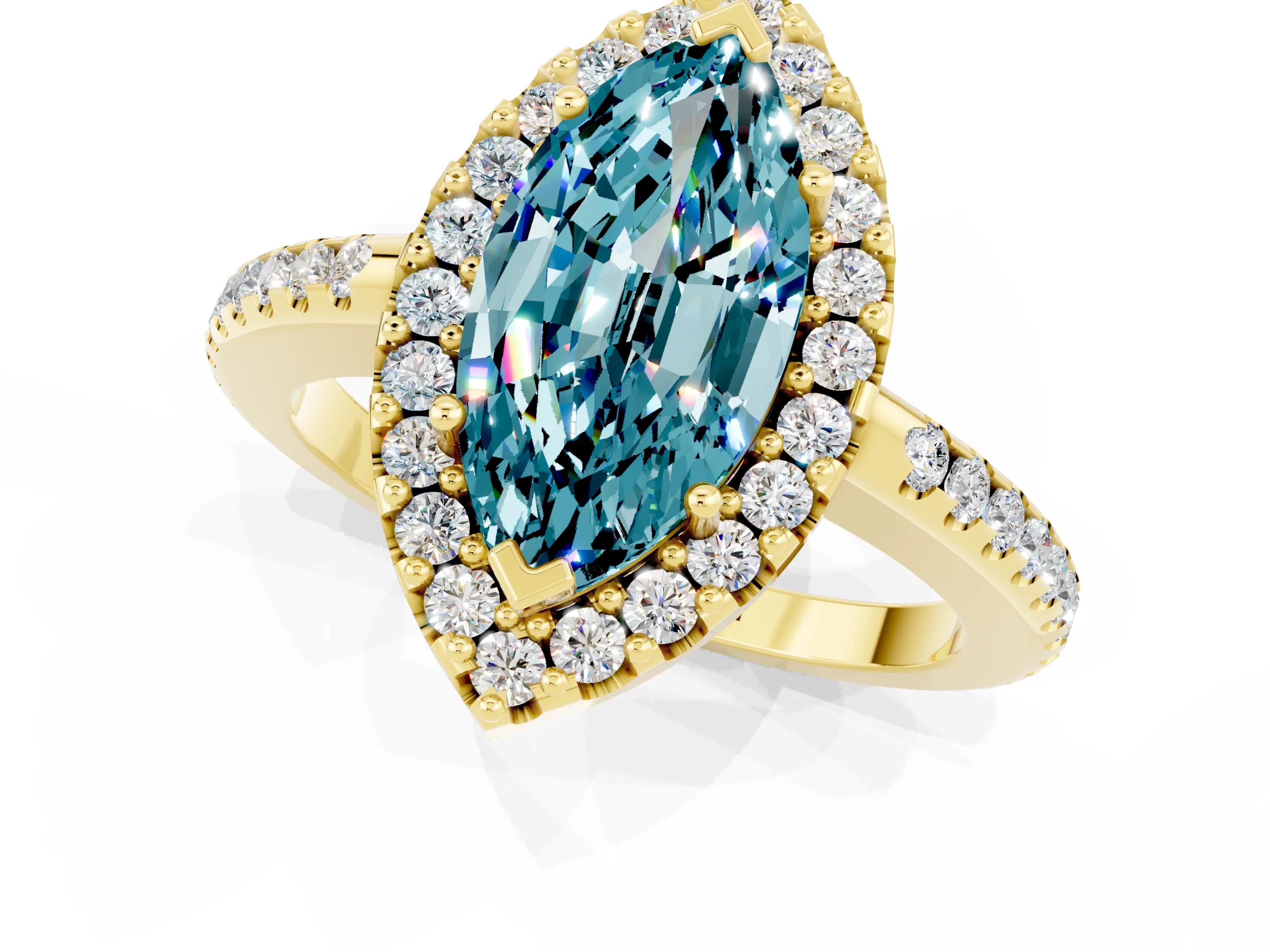 Yellow gold Marquise Cut Blue Topaz Pavé Halo Ring with Four-Prong Setting_13